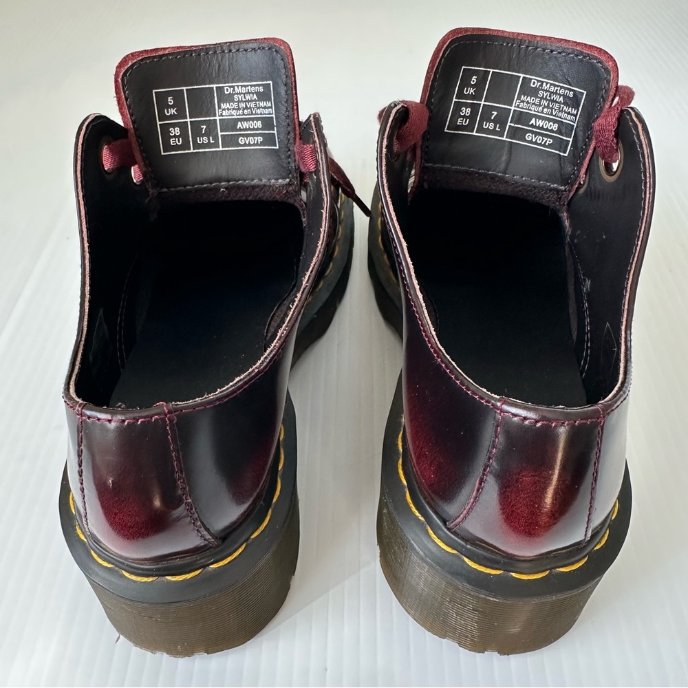 Dr. Martens Burgundy Red Platform Shoes with Yellow Stitching - Picture 6 of 15